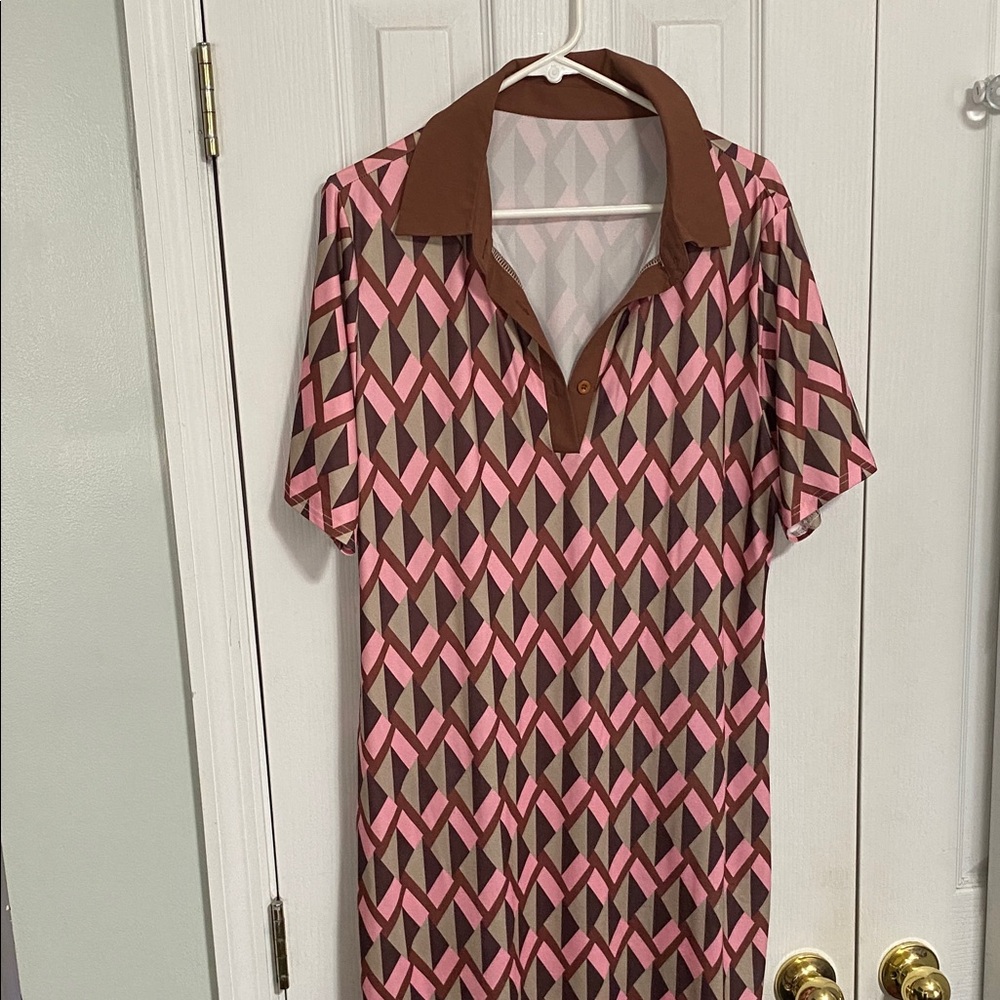 Geometric Pink and Brown Casual Shirt Dress
